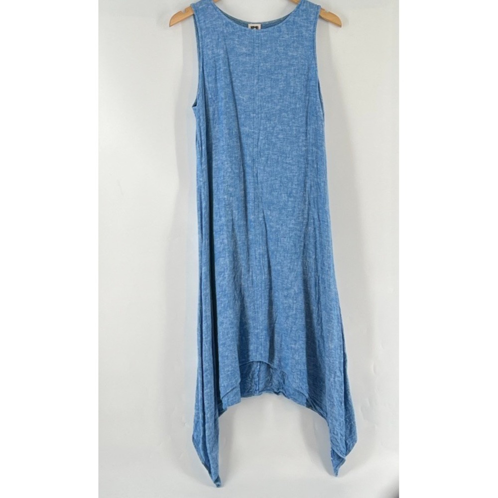 Linen Blend Handkerchief Dress M Blue Lagenlook Coastal Sharkbite Midi Beach